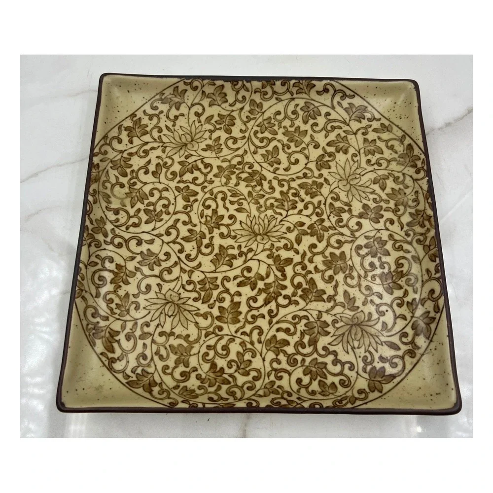 Sound Collection Japanese Ceramic Square Plate Brown Floral Vine Scroll 9.25in